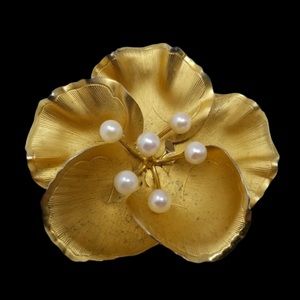Vintage Gold Tone & Faux Pearl Floral Brooch K.L. 12k G.F.  2"